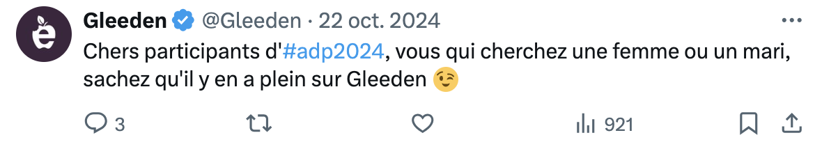 Chers participants d'#adp2024, vous qui cherchez une femme ou un mari, sachez qu'il y en a plein sur Gleeden 